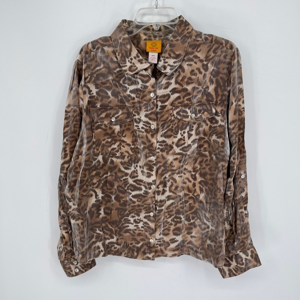Ruby Rd. Women's Brown Animal Print Velvet Long Sleeve Button Front Top Size 18W